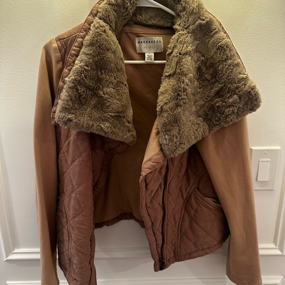 Women's Brown Jacket with Faux Fur Collar